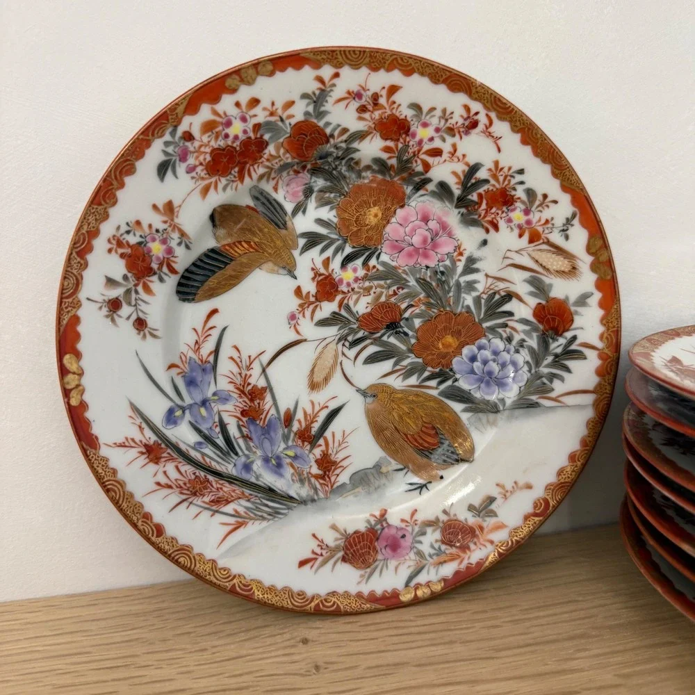 Vintage Japanese Kutani Antique Porcelain Bird Flower‎ Plates 8 Hand Painted 7